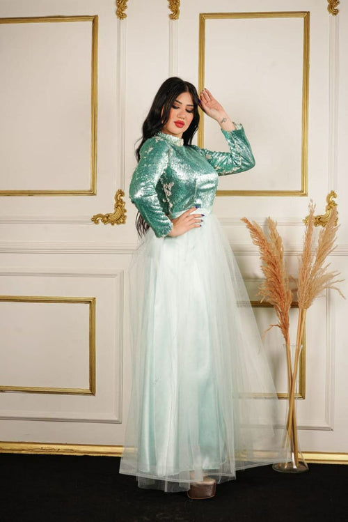 Mintgrünes Pailletten-Abendkleid mit Tüllrock