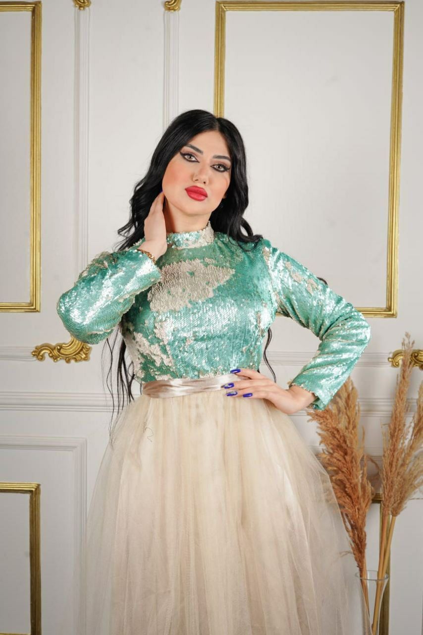 Mint Green Sequin Evening Dress with Champagne Tulle Skirt