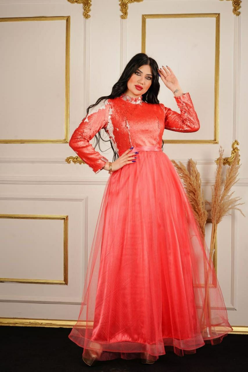 Coral Red Sequin Evening Dress with Tulle Skirt
