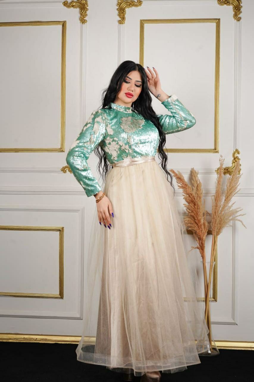 Mint Green Sequin Evening Dress with Champagne Tulle Skirt
